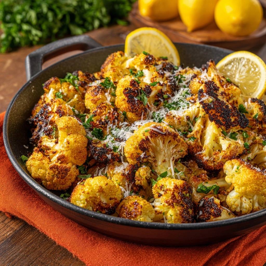 Knuspriger Parmesan-Blütenkohl, serviert in einer Pfanne, garniert mit Parmesan und frischer Petersilie, bereit zum Genießen.