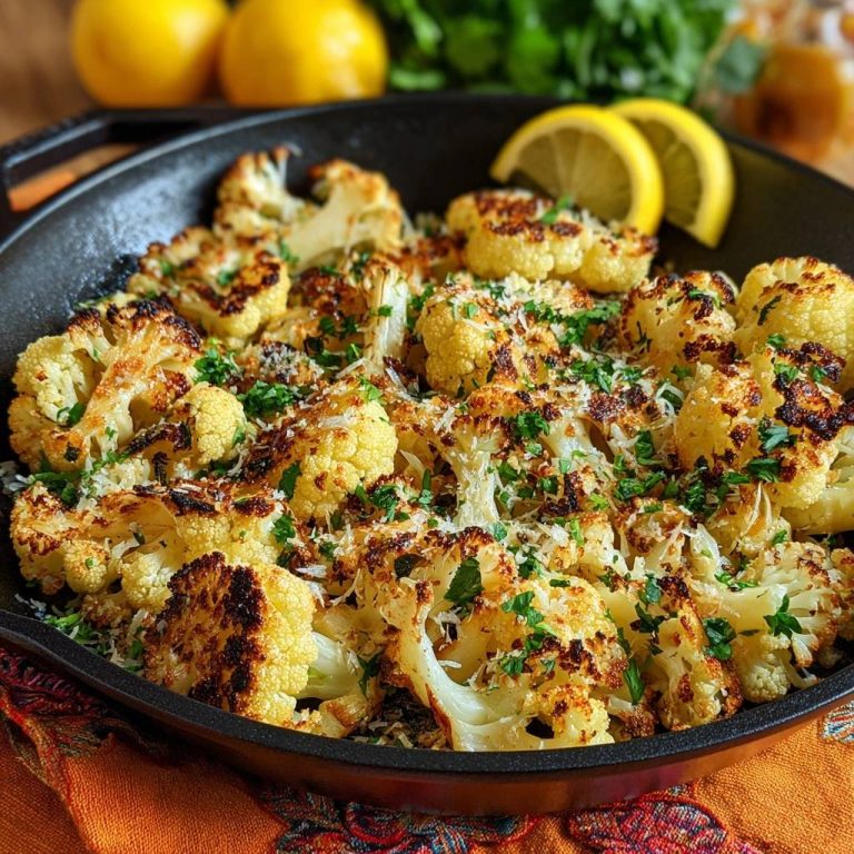 Knuspriger Parmesan-Blütenkohl, serviert in einer gusseisernen Pfanne, mit frischen Kräutern und geriebenem Käse garniert.