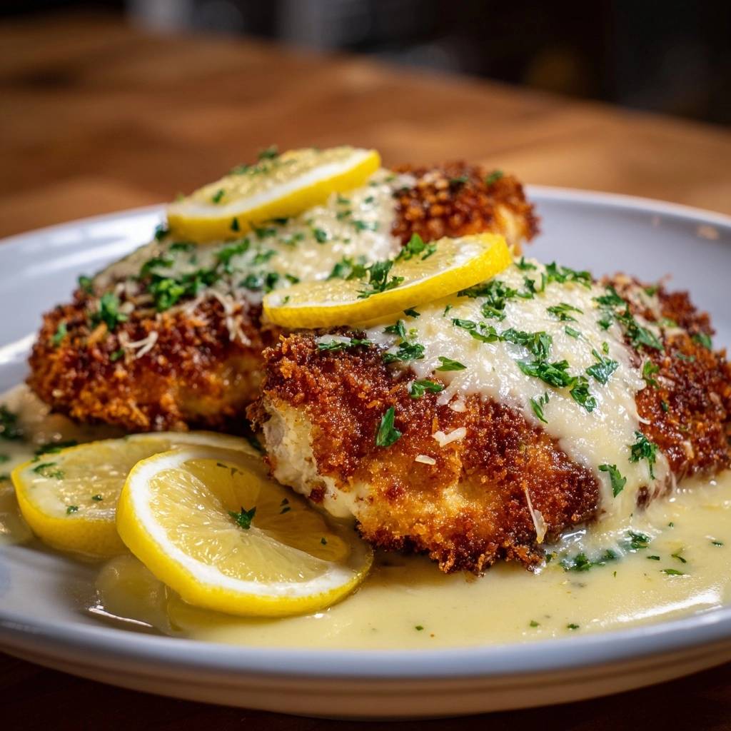 Knuspriger Parmesan-Fisch mit Zitronensahnesauce, serviert auf einem weißen Teller, garniert mit frischen Zitronenscheiben und Kräutern.