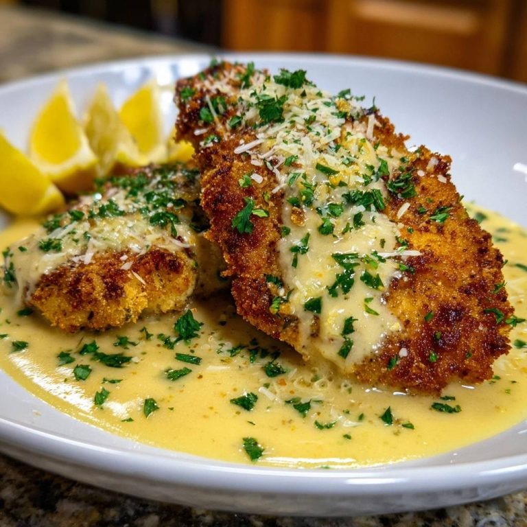 Knuspriger Parmesan-Fisch mit Zitronensahnesauce serviert in einer weißen Schüssel, garniert mit frischer Petersilie und Parmesan. Dazu Zitronenspalten.
