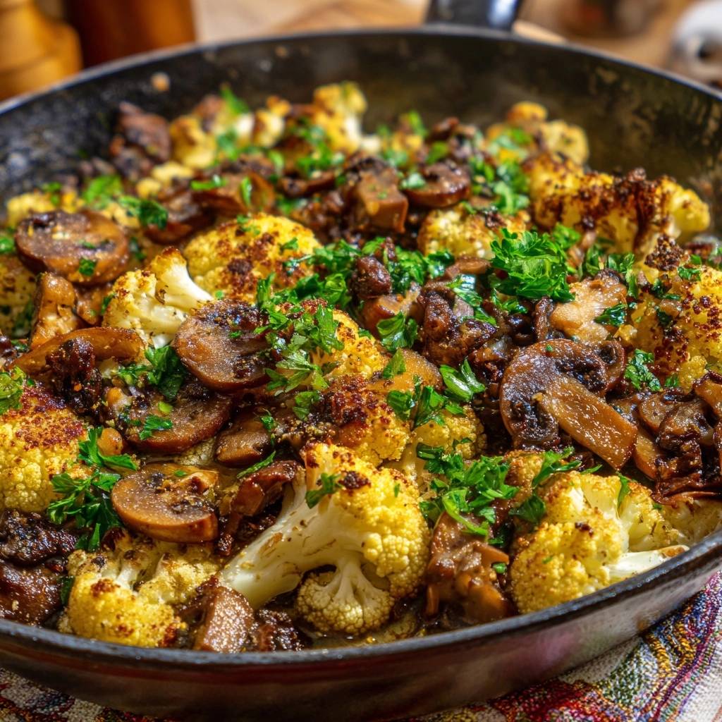 Knuspriger Pfannen-Blumenkohl mit Pilzen, serviert in einer Pfanne, garniert mit frischer Petersilie und einer Nahaufnahme der fertigen Zutaten.