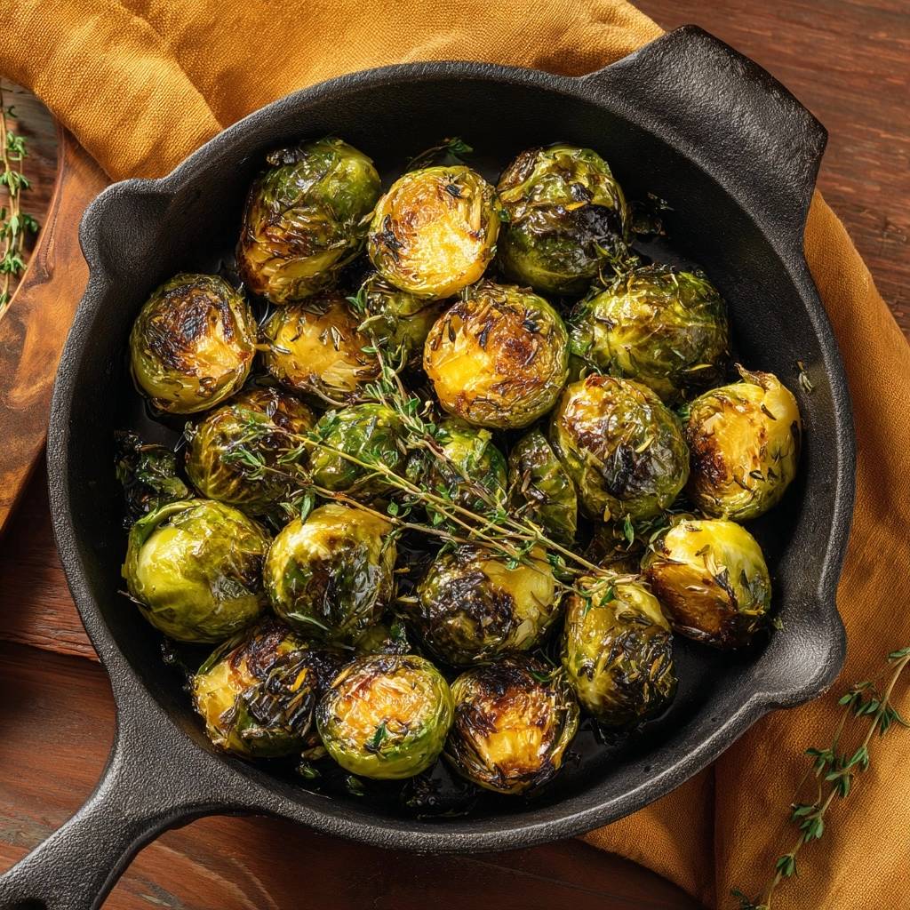 Knuspriger Pfannen-Rosenkohl mit Thymian, von oben fotografiert, in einer schwarzen gusseisernen Pfanne serviert und mit frischem Thymian garniert.
