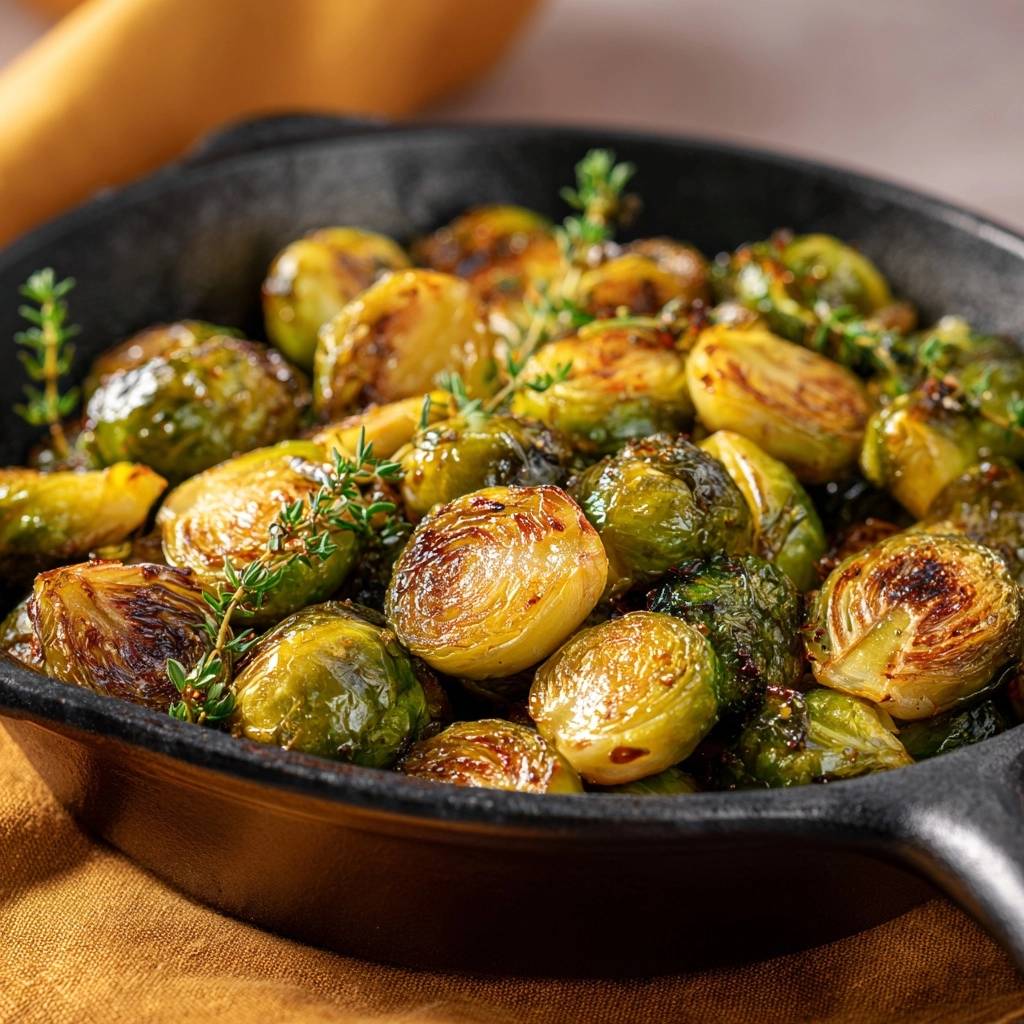 Knuspriger Pfannen-Rosenkohl mit Thymian, in einer schwarzen Pfanne serviert, mit frischen Thymianzweigen garniert und von oben fotografiert.