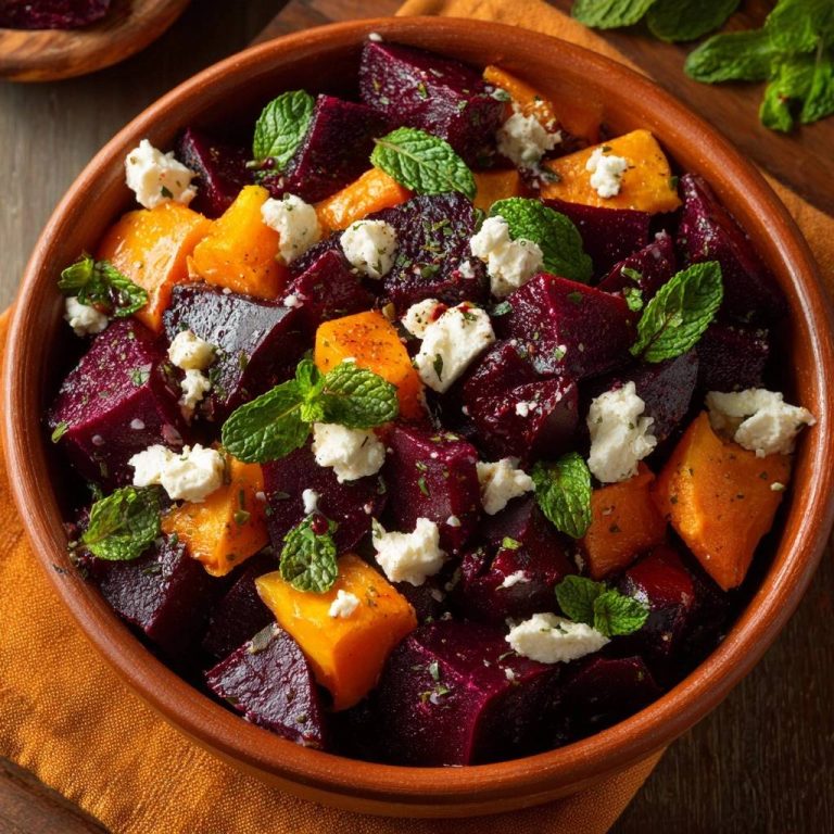 Knuspriger Rote-Bete-Kürbis-Salat mit Feta, von oben betrachtet, mit frischer Minze und cremigem Feta-Käse garniert.