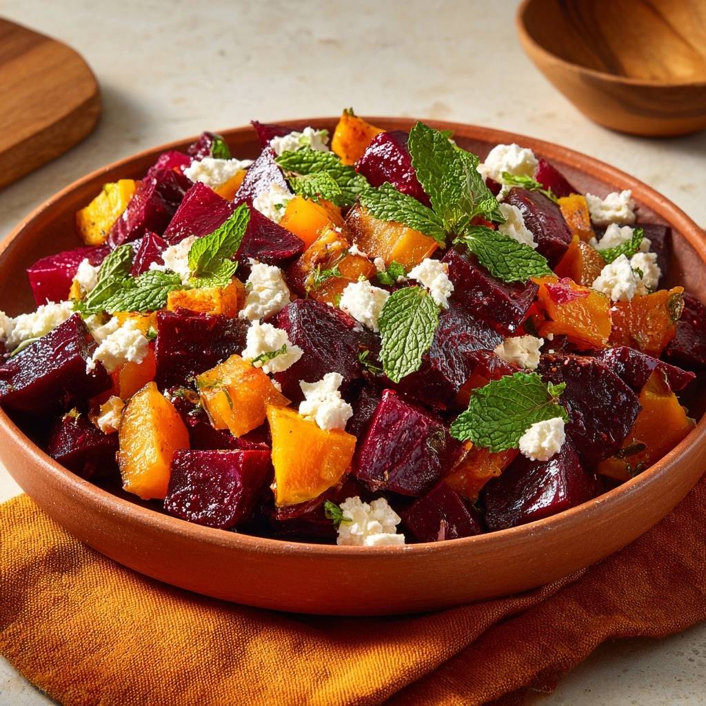 Knuspriger Rote-Bete-Kürbis-Salat mit Feta, serviert in einer rustikalen Schüssel, garniert mit frischer Minze und cremigen Feta-Stückchen.