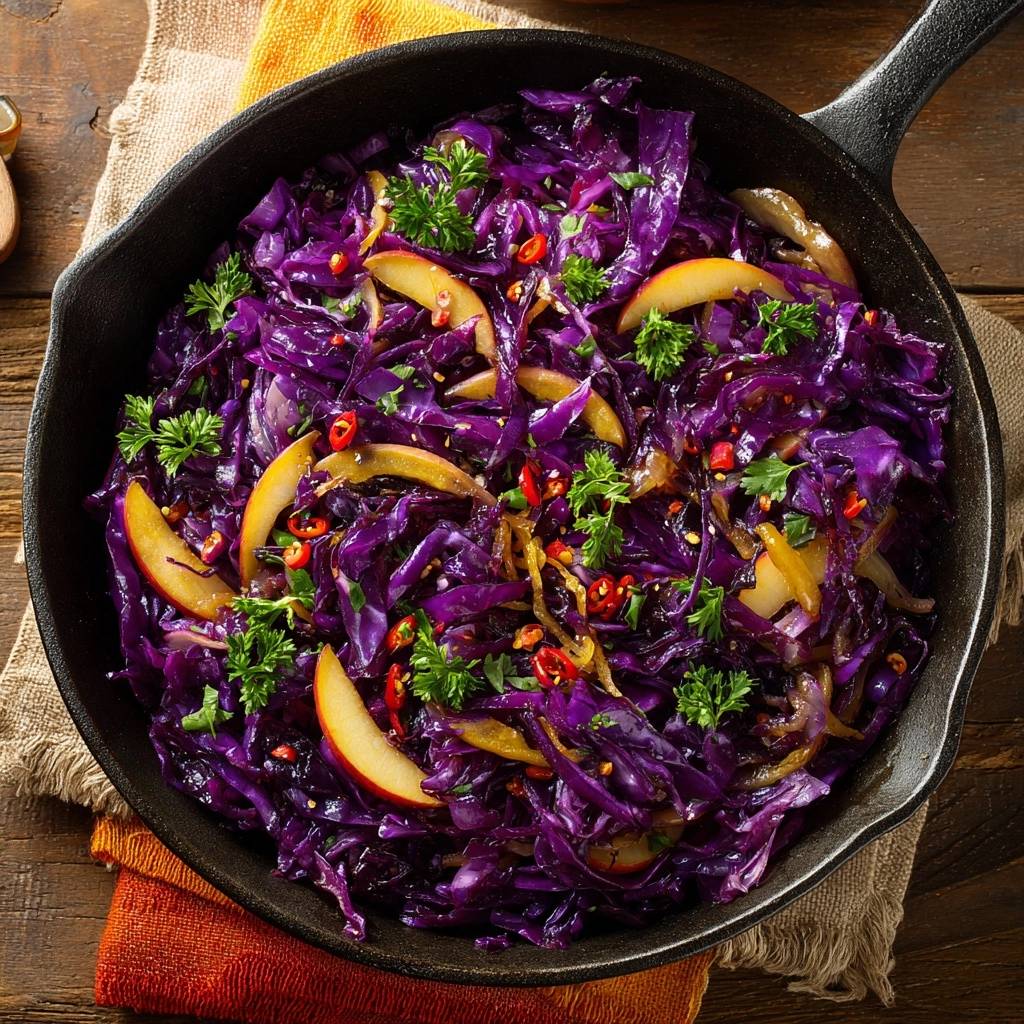 Knuspriger Rotkohl Pfanne Mit Apfeln Draufsicht 1 Knuspriger Rotkohl-Pfanne mit Äpfeln & Chili in einer gusseisernen Pfanne, aus der Vogelperspektive fotografiert. Das Gericht ist frisch zubereitet.