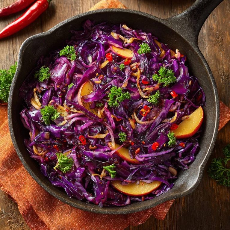 Knusprige Rotkohl-Pfanne mit Äpfeln und Chili, serviert in einer gusseisernen Pfanne, aus der Vogelperspektive fotografiert. Das Gericht ist mit frischer Petersilie garniert.