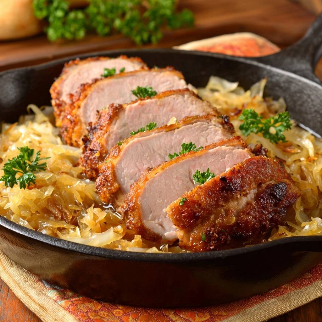 Knuspriger Schweinebraten auf Sauerkraut, serviert in der Pfanne, zeigt einen saftigen Querschnitt des gebratenen Fleisches. Dazu kommt eingelegtes Sauerkraut.