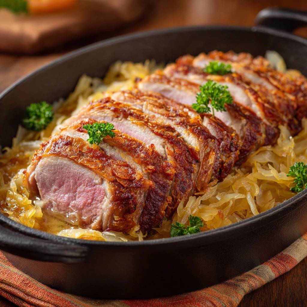 Knuspriger Schweinebraten auf Sauerkraut, serviert in einer Auflaufform, zeigt einen appetitlichen Querschnitt mit saftigem Fleisch.