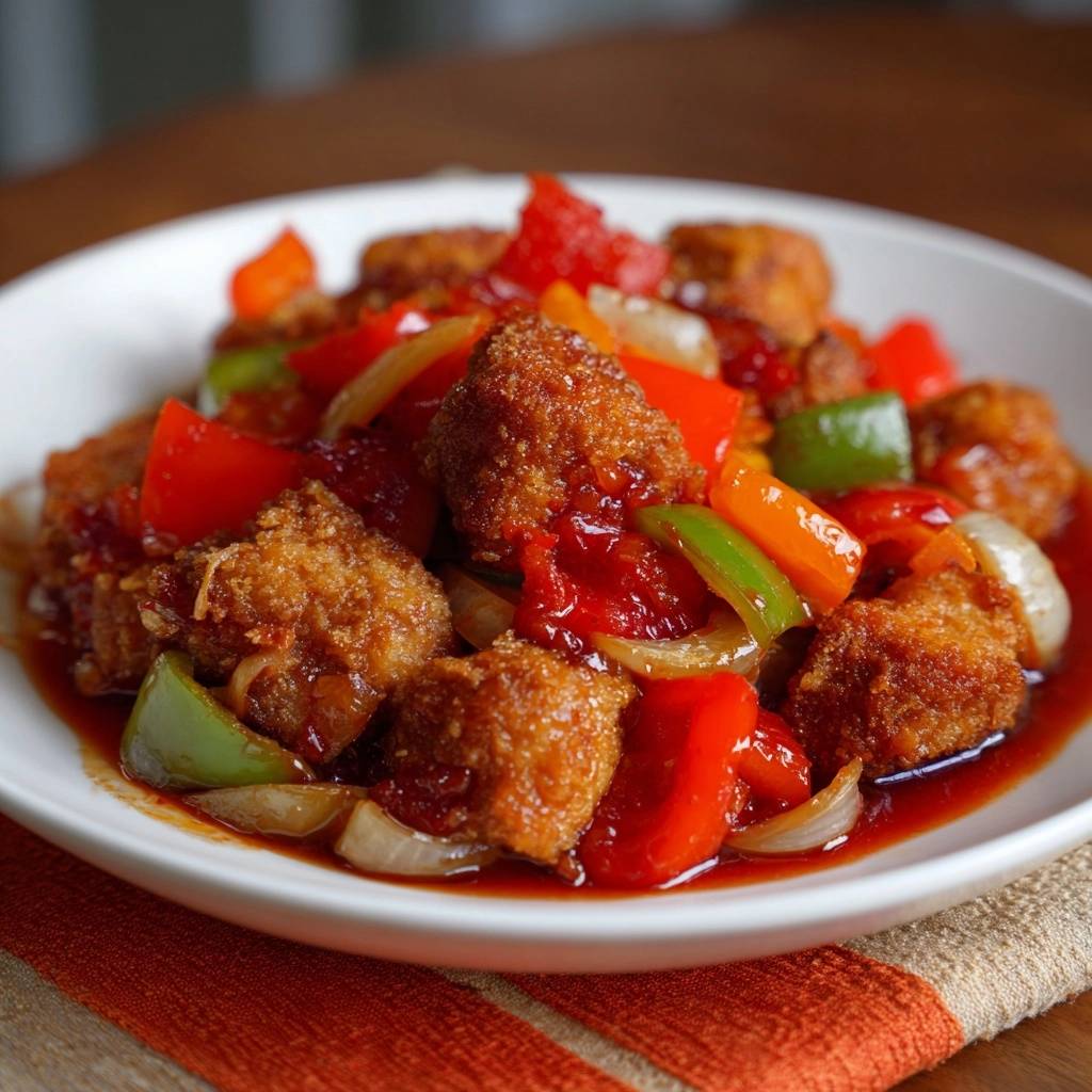 Knuspriger Süß-Sauer Tofu mit Paprika in Nahaufnahme, serviert in einer weißen Schüssel, mit knackigem Gemüse und einer köstlichen Sauce.