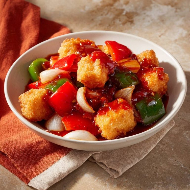Knuspriger Süß-Sauer Tofu mit Paprika, serviert in einer Schüssel. Der Tofu ist goldbraun, bedeckt von einer süß-sauren Sauce, mit Paprika und Zwiebeln.