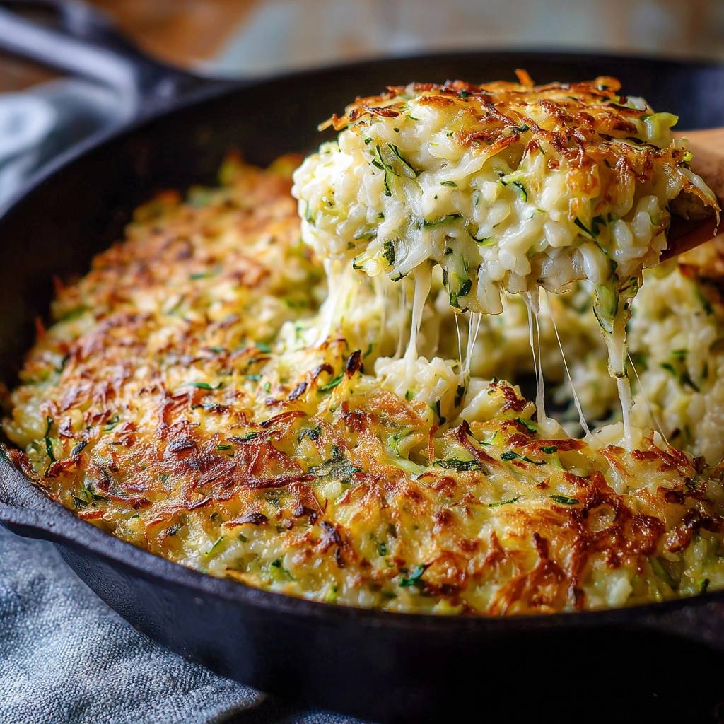 Knuspriger Zucchini Kaese Auflauf Holzschaufel Mit Kaesezug 1 Knuspriger Zucchini-Käse-Auflauf aus der Pfanne, mit einer Holzschaufel herausgehoben, wobei geschmolzener Käse Fäden zieht.