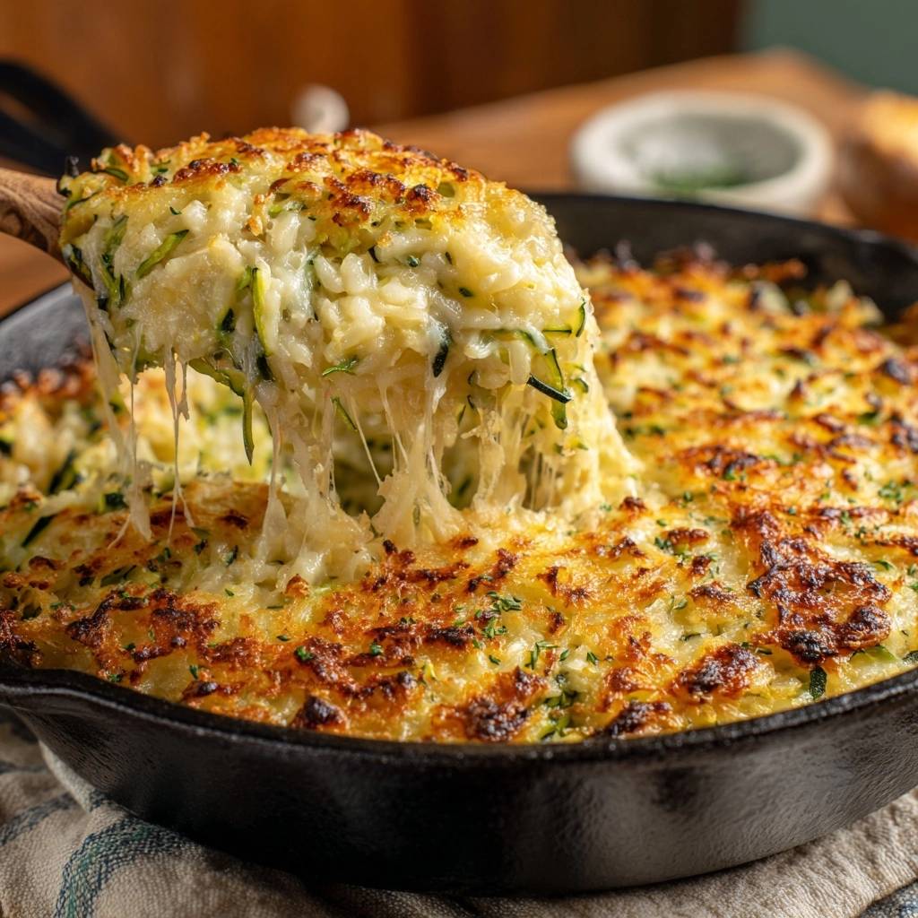 Knuspriger Zucchini-Käse-Auflauf, bei dem ein Holzlöffel geschmolzenen Käse aus der Auflaufform zieht.