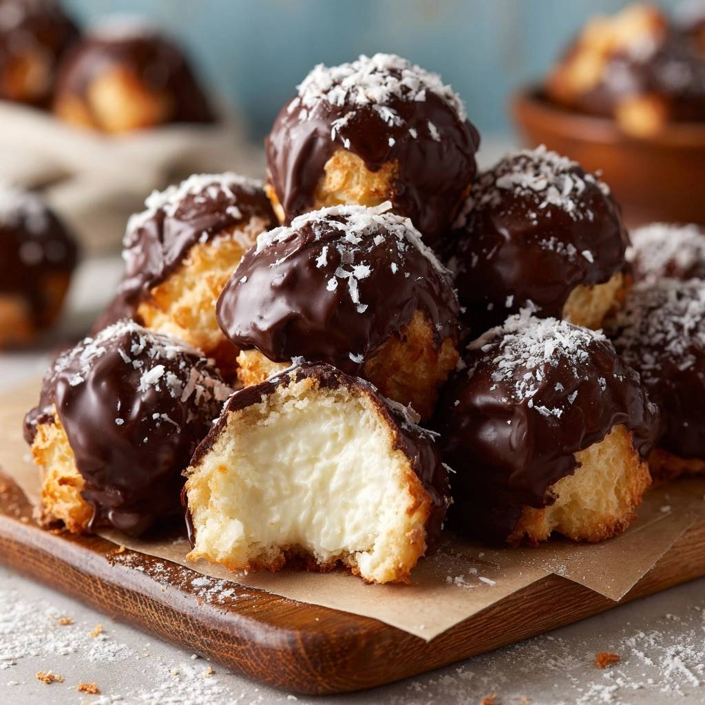 Kokos-Schneeballen mit cremiger Füllung im Nahaufnahme mit Anschnitt, der die cremige Füllung und den knusprigen Teig zeigt.