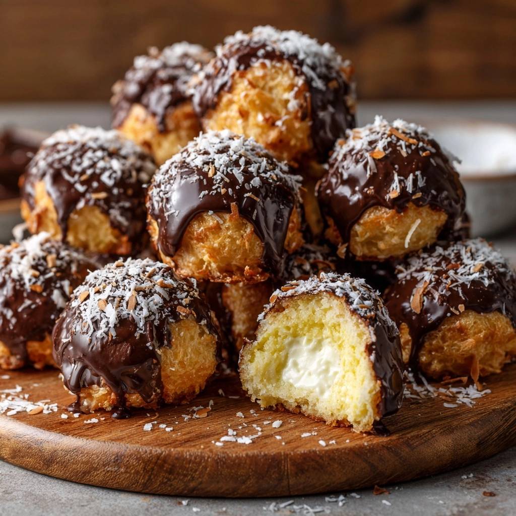 Kokos-Schneeballen mit cremiger Füllung, angeschnitten für eine Nahaufnahme des köstlichen, cremigen Inneren.