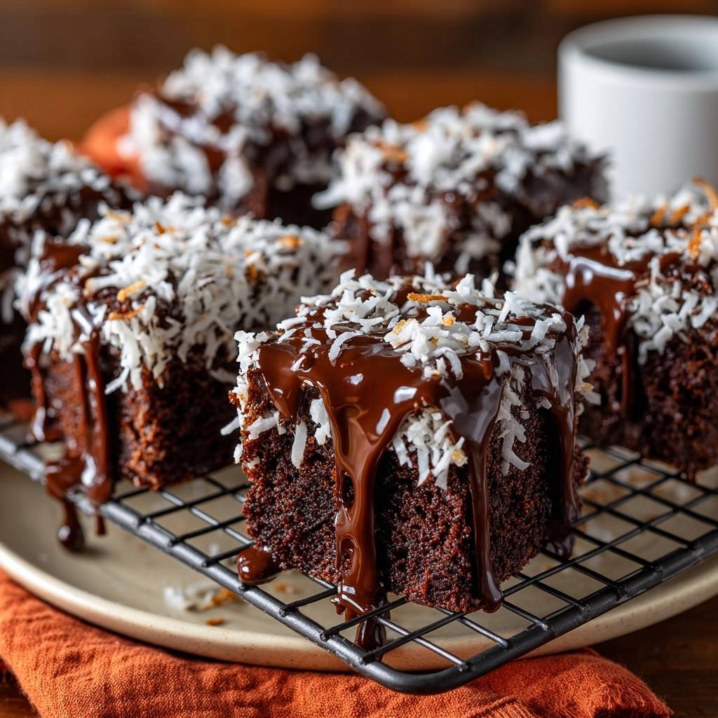 Kokos Schoko Brownies Nahaufnahme Glasiert Kokosflocken 1 Kokos-Schoko-Brownies in Nahaufnahme: Schokoladen-Glasur tropft über die saftigen Brownies, garniert mit Kokosflocken.