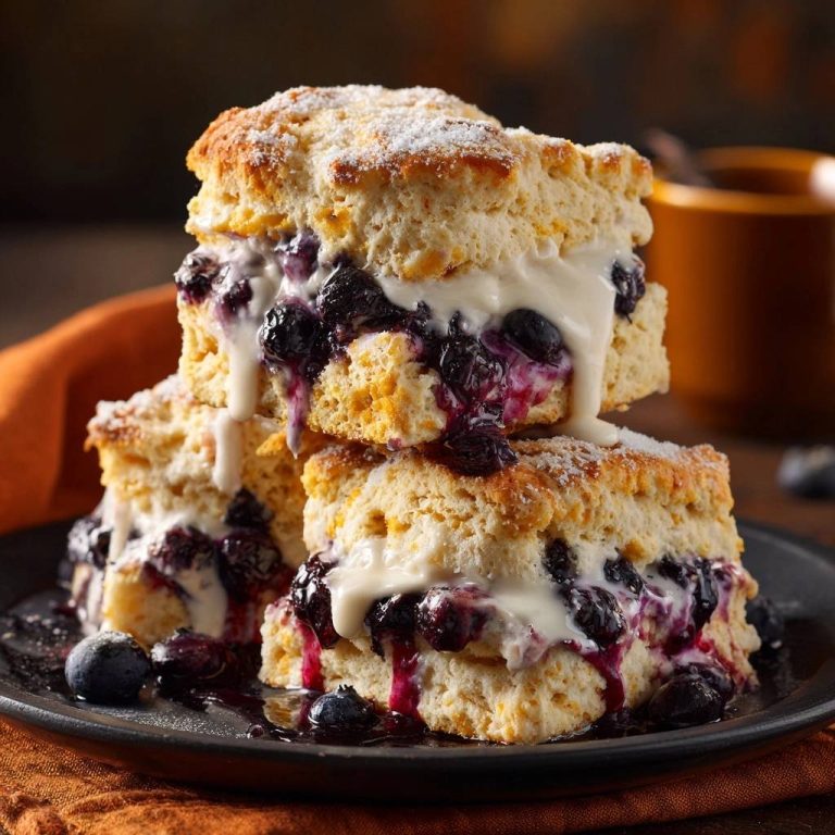 Luftige Blaubeer-Shortcakes werden hier gestapelt serviert, mit frischen Blaubeeren und cremiger Sauce, die über die fluffigen Kuchen fließt.