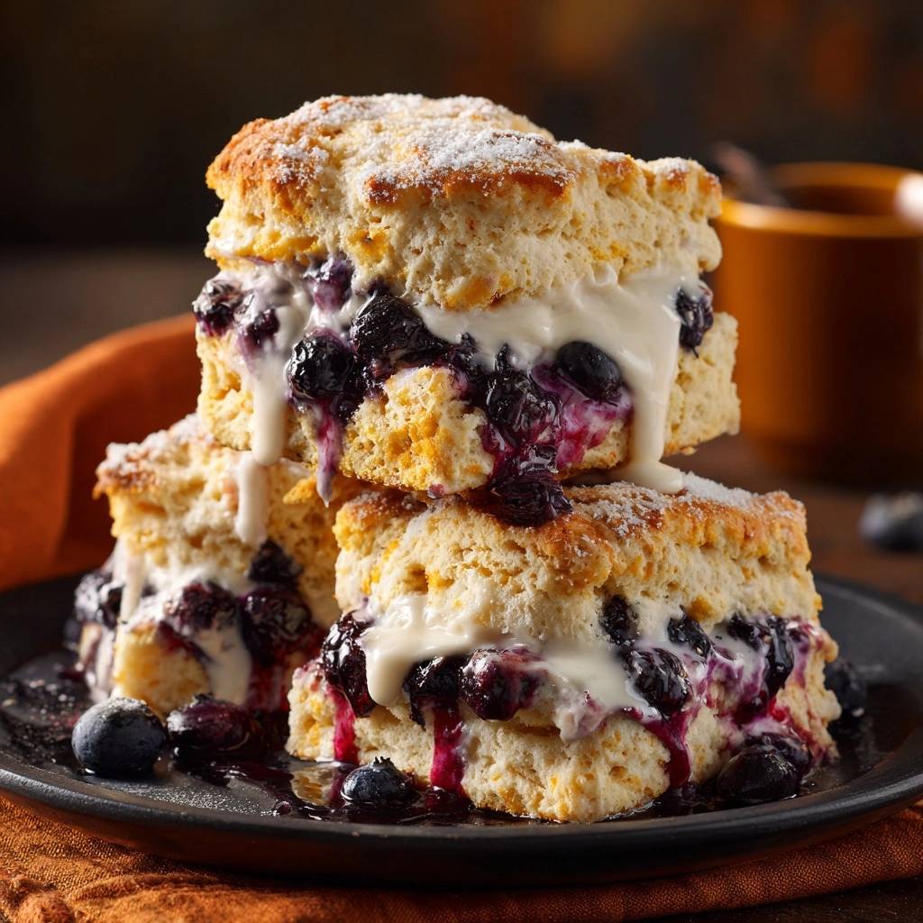 Luftige Blaubeer-Shortcakes werden hier gestapelt serviert, mit frischen Blaubeeren und cremiger Sauce, die über die fluffigen Kuchen fließt.