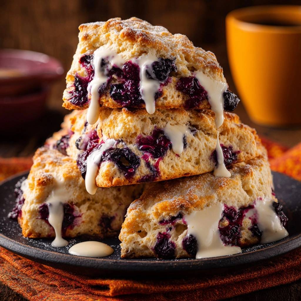 Luftige Blaubeer-Shortcakes in Nahaufnahme mit einem cremigen Guss versehen, der aus der Mitte der fluffigen Backwaren herausfließt.