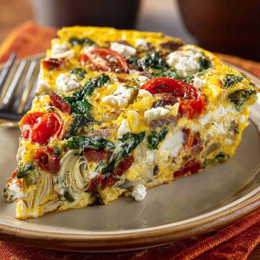 Mediterrane Spinat Frittata Querschnitt 1 Mediterrane Spinat-Frittata mit Artischocken & Feta: Eine Nahaufnahme des saftigen Querschnitts, serviert auf einem Teller. Die Frittata zeigt Tomaten, Spinat und Feta.