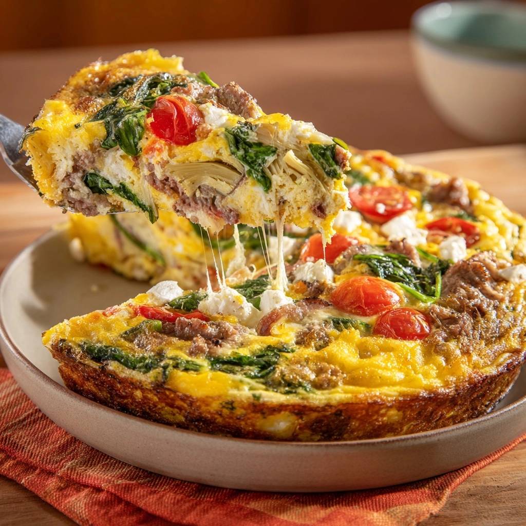 Mediterrane Spinat-Frittata mit Artischocken & Feta im Anschnitt, mit geschmolzenem Käse, der sich zieht und die Zutaten zeigt.