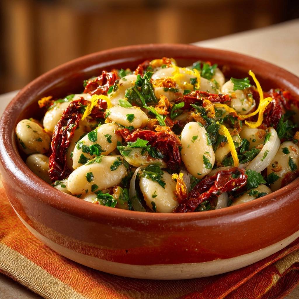 Mediterraner Weißbohnensalat mit Tomaten und Zitrone in einer rustikalen Schüssel serviert, garniert mit Kräutern und sonnengetrockneten Tomaten.