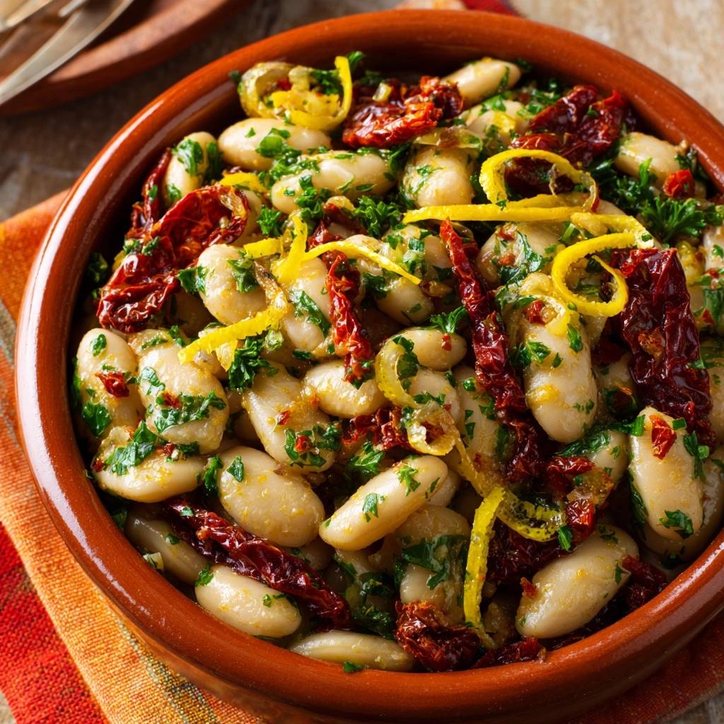 Mediterraner Weißbohnensalat mit Tomaten und Zitrone in einer Keramikschale, eine Nahaufnahme des köstlichen Salats mit sonnengetrockneten Tomaten und Zitronenzesten.