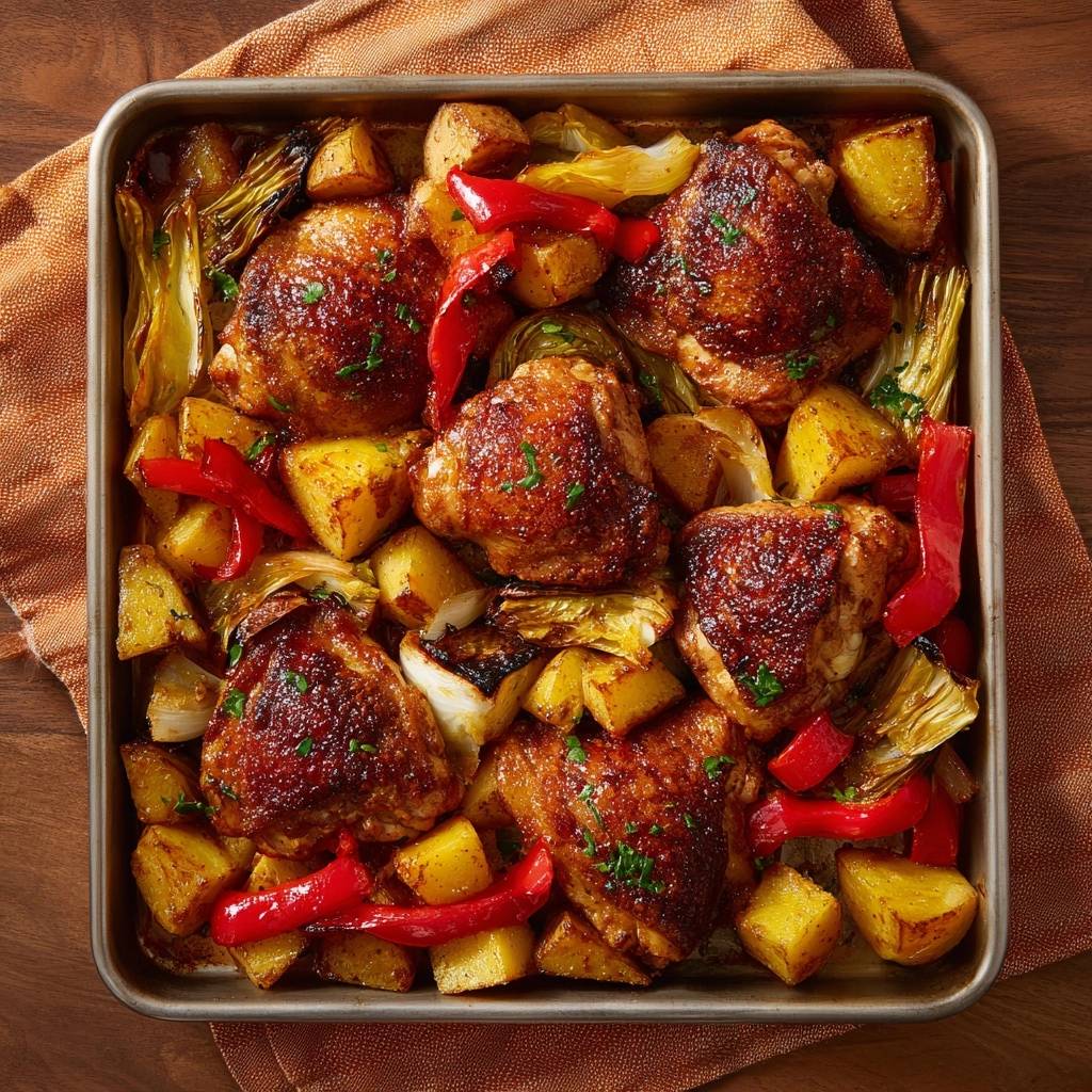 Ofenblech-Hähnchen mit Kartoffeln, Paprika & Zwiebeln – saftig! Eine köstliche Draufsicht auf das fertig gebackene Gericht mit knuspriger Haut.