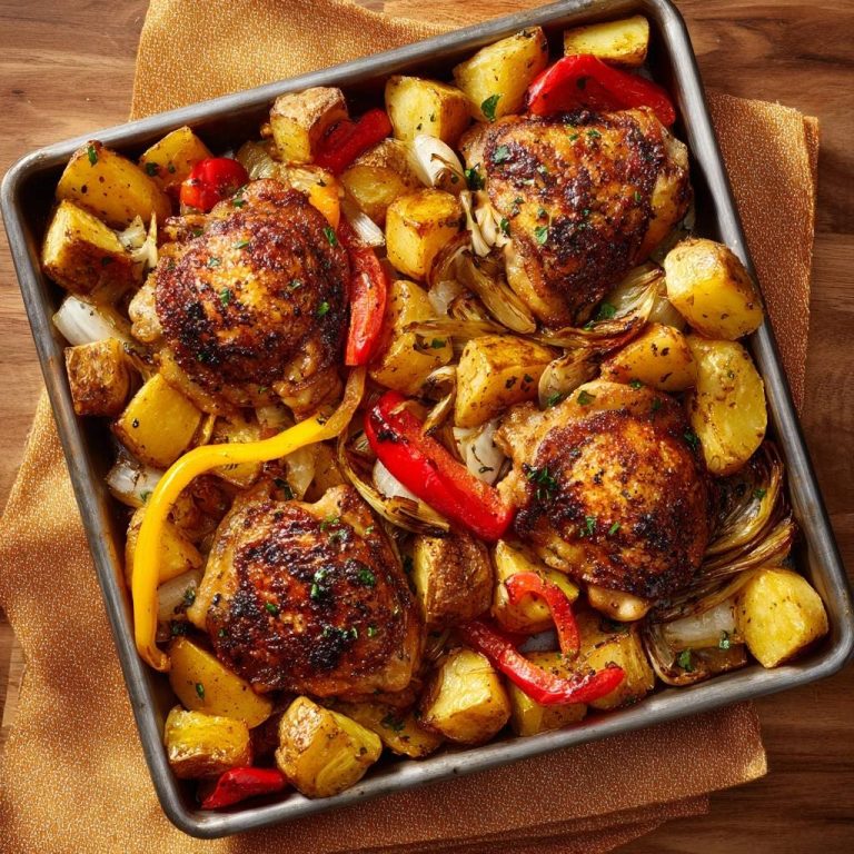 Ofenblech-Hähnchen mit Kartoffeln, Paprika & Zwiebeln, saftig, in einer Auflaufform zubereitet, aus der Vogelperspektive betrachtet.