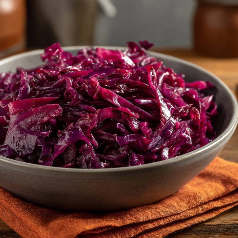 Oma's saftiger Rotkohl in einer grauen Schüssel serviert. Der Rotkohl ist dampfend, zart und in einer appetitlichen Ansicht zubereitet.