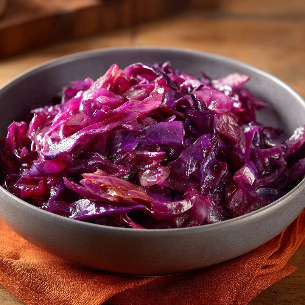 Omas Saftiger Rotkohl Draufsicht 1 Omas saftiger Rotkohl in einer grauen Schüssel, aus der Vogelperspektive gesehen, präsentiert die leuchtende Farbe und Textur.