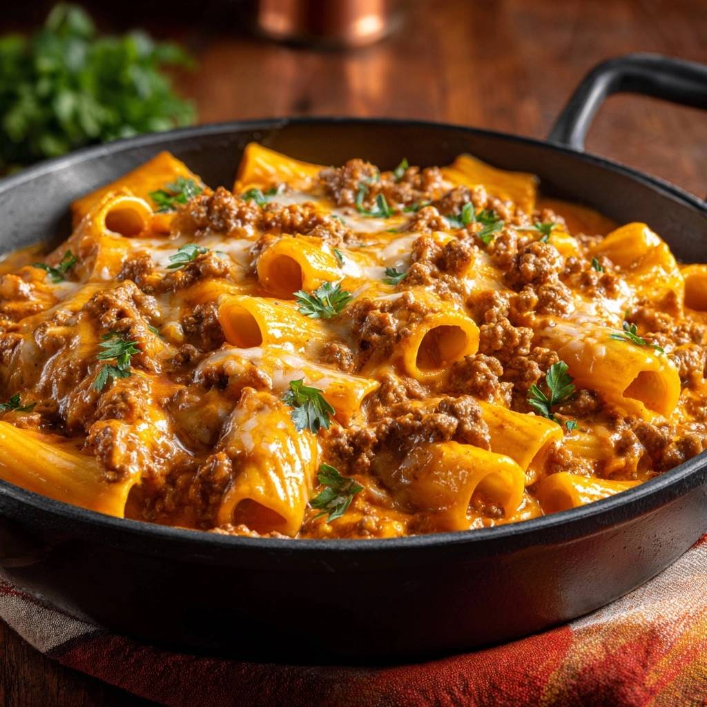 One Pot Rigatoni Mit Hacksoe Und Kse Auf Dem Tisch 1 One-Pot-Rigatoni mit Hacksoße und Käse in einer Pfanne serviert, mit geschmolzenem Käse und frischen Kräutern garniert und bereit zum Servieren.