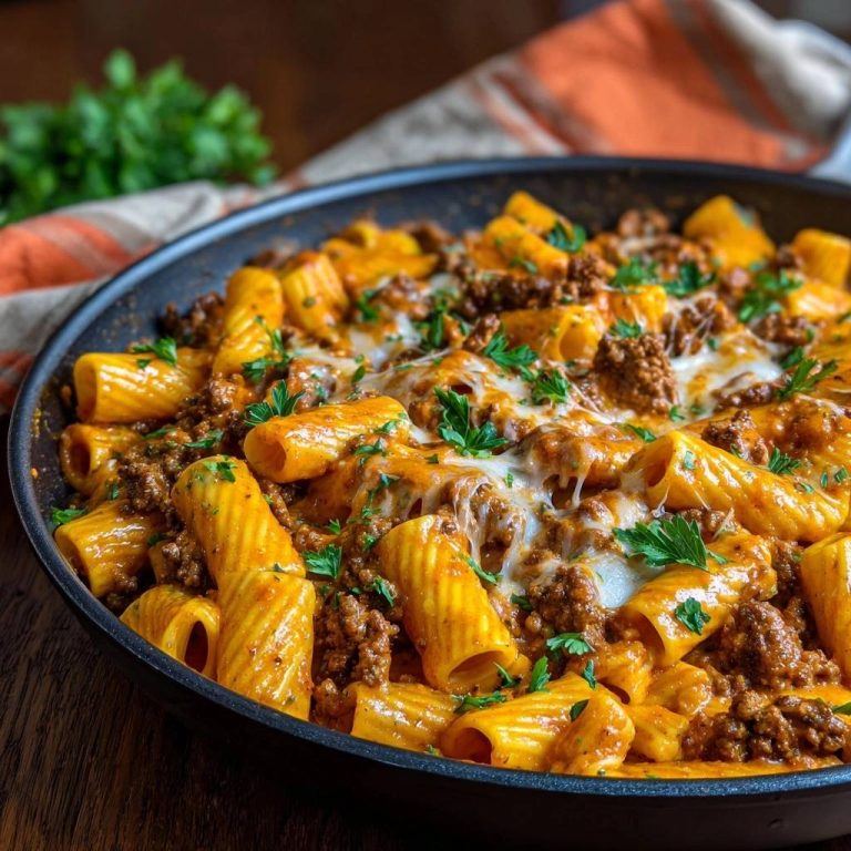One-Pot-Rigatoni mit Hacksoße und Käse in einer Pfanne, garniert mit frischer Petersilie und geschmolzenem Käse.