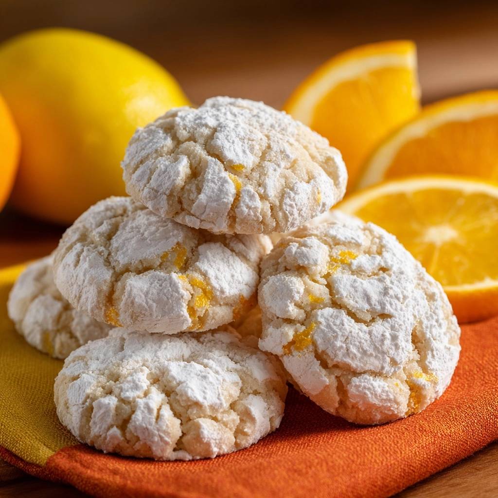 Orangen Crinkle Kekse Nahaufnahme 1 Orangen-Crinkle-Kekse in Nahaufnahme, bedeckt mit Puderzucker, vor dem Hintergrund von Orangen und Zitronen. Die knusprigen Kekse sind ein Genuss!