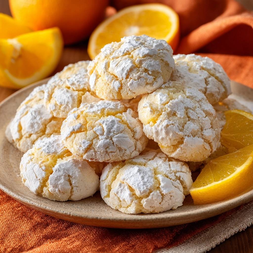 Orangen-Crinkle-Kekse in Nahaufnahme auf einem Teller serviert, mit Puderzucker bestäubt und neben frischen Orangenscheiben.