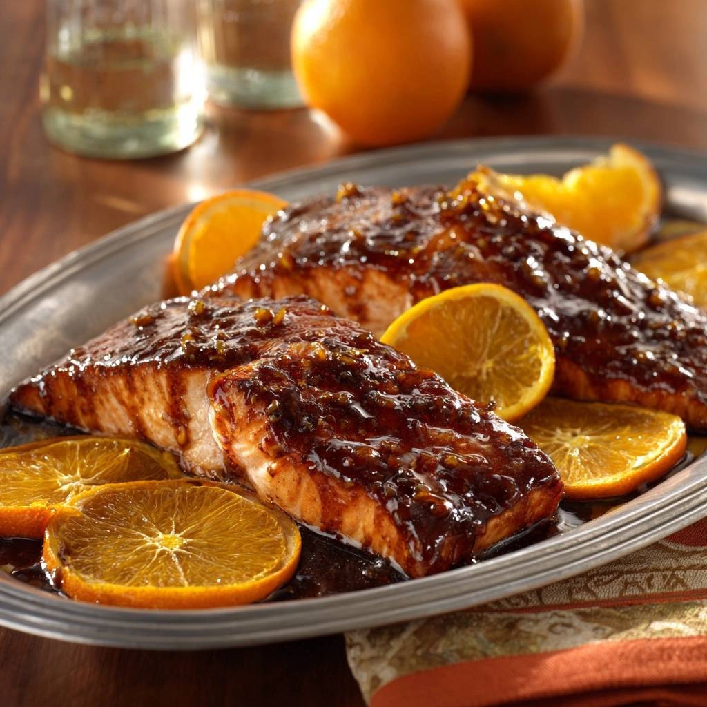 Orangen-glasierter Lachs serviert auf einer silbernen Platte, garniert mit Orangenscheiben und einer köstlichen Glasur.