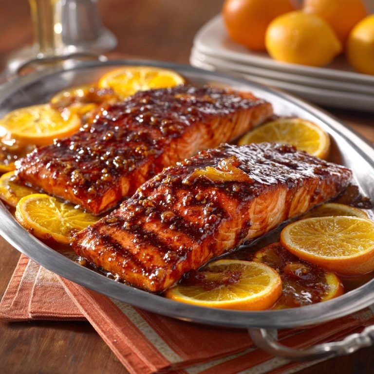 Orangen-glasierter Lachs serviert auf einem silbernen Tablett, garniert mit Orangenscheiben und einer köstlichen Glasur. Ein Fest für die Augen und den Gaumen.