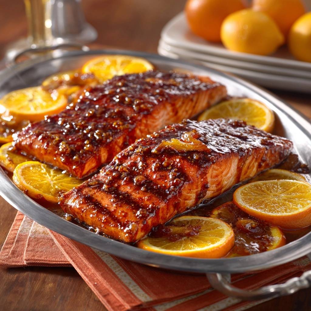 Orangen-glasierter Lachs serviert auf einem silbernen Tablett, garniert mit Orangenscheiben und einer köstlichen Glasur. Ein Fest für die Augen und den Gaumen.