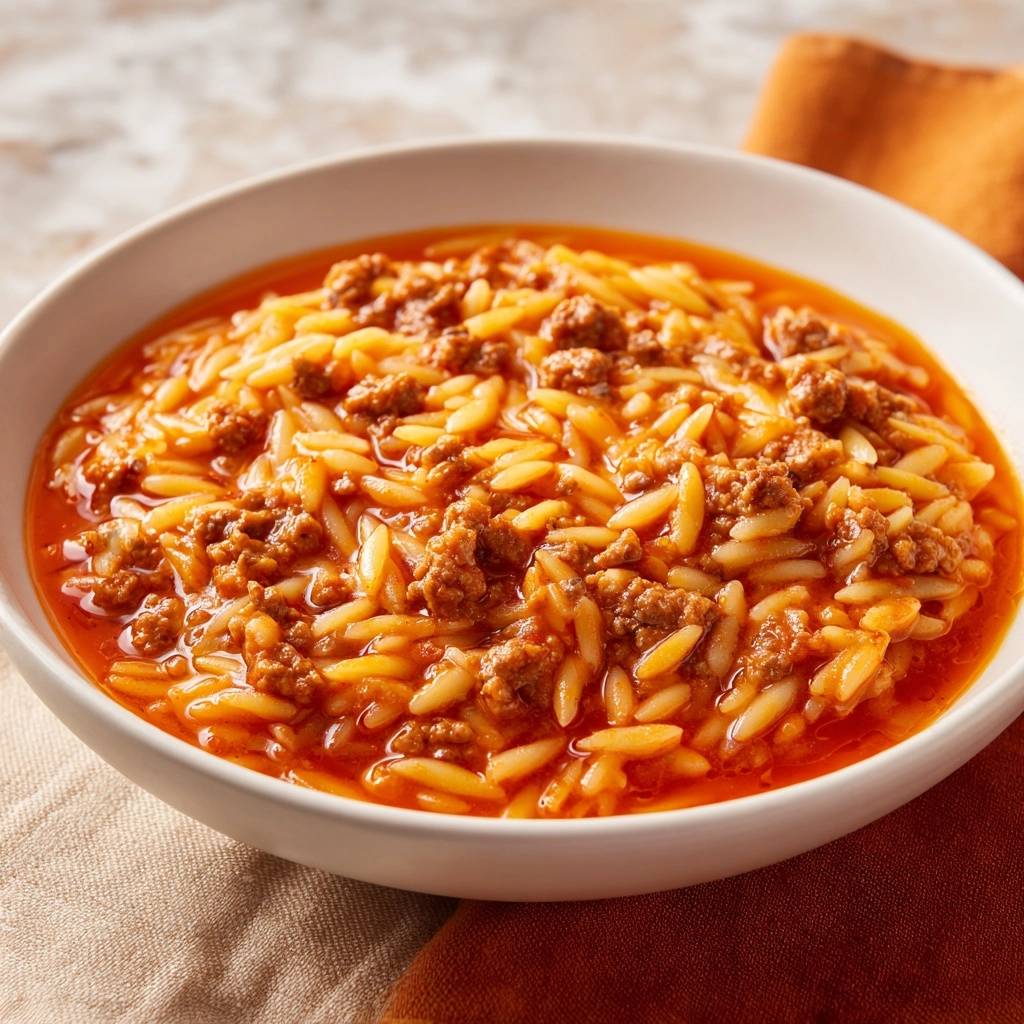Orzo Bolognese in einer Schüssel aus der Vogelperspektive. Die köstliche Bolognese-Soße bedeckt die Orzo-Nudeln und Hackfleisch.