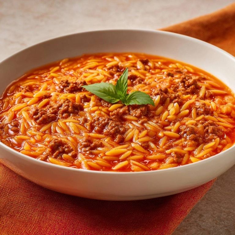 Orzo Bolognese aus der Vogelperspektive, serviert in einer weißen Schüssel und mit frischem Basilikumblatt garniert. Diese herzhafte Pasta-Kreation ist perfekt für ein köstliches Mittagessen.