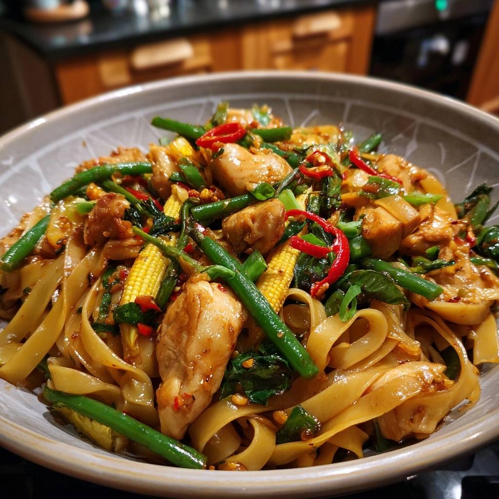 Pad See Ew mit Huhn und Gemüse in einer Schüssel, serviert mit frischem Gemüse und köstlichen, breiten Reisnudeln.