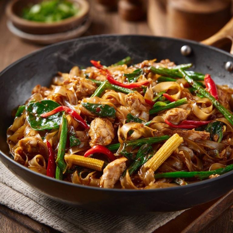 Pad See Ew mit Huhn und Gemüse, eine Nahaufnahme des dampfenden Woks mit breiten Reisnudeln, Fleisch und knackigem Gemüse.