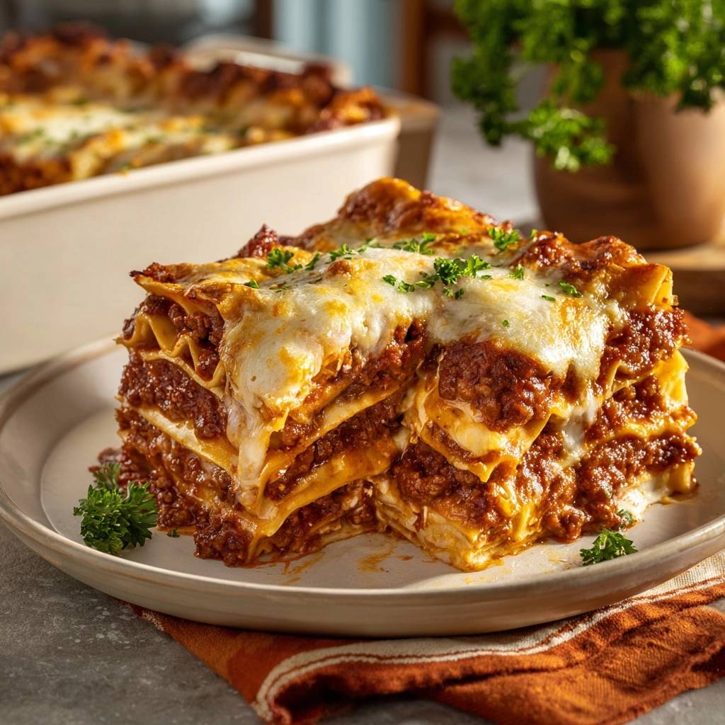 Perfekte Rindfleisch-Lasagne im Anschnitt, eine großzügige Portion auf einem Teller serviert. Die einzelnen Schichten sind deutlich erkennbar.