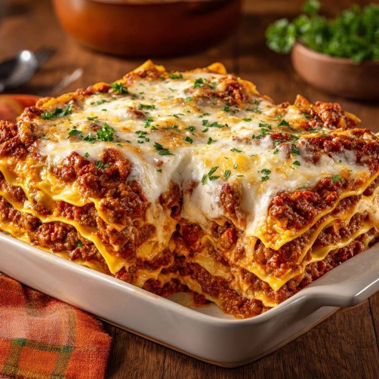 Perfekte Rindfleisch-Lasagne im Anschnitt: Der saftige Innenraum mit geschmolzenem Käse und köstlichen Schichten. Ein Blick in die perfekt geschichtete Lasagne.