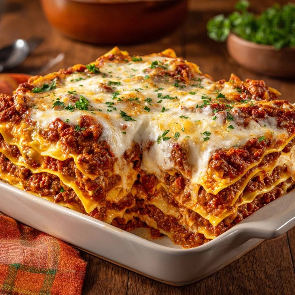 Perfekte Rindfleisch-Lasagne im Anschnitt: Der saftige Innenraum mit geschmolzenem Käse und köstlichen Schichten. Ein Blick in die perfekt geschichtete Lasagne.