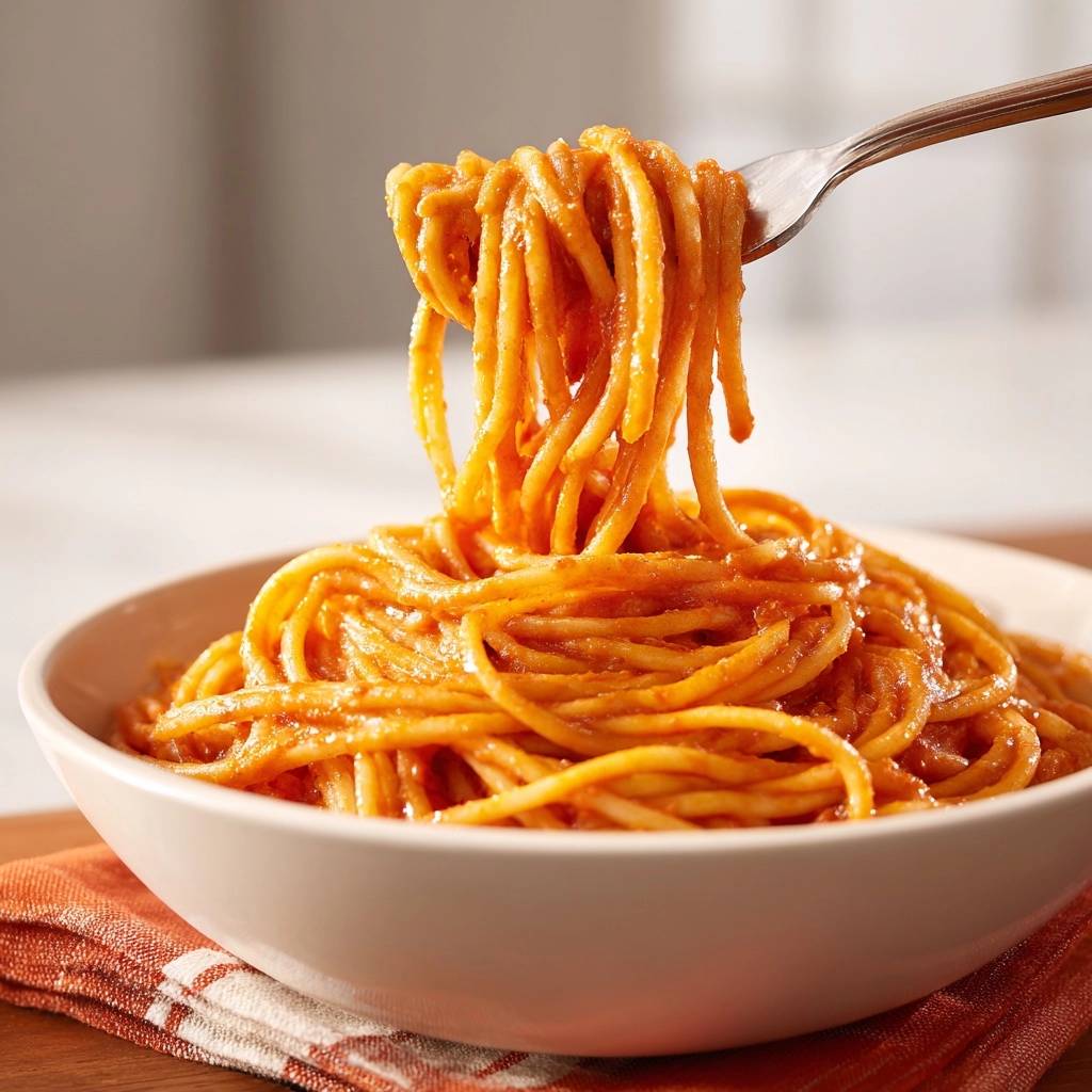 Perfekte Spaghetti mit Tomatensoße in einer Schüssel, serviert mit einer Gabel, die eine köstliche Portion des Nudelgerichts hochhebt.
