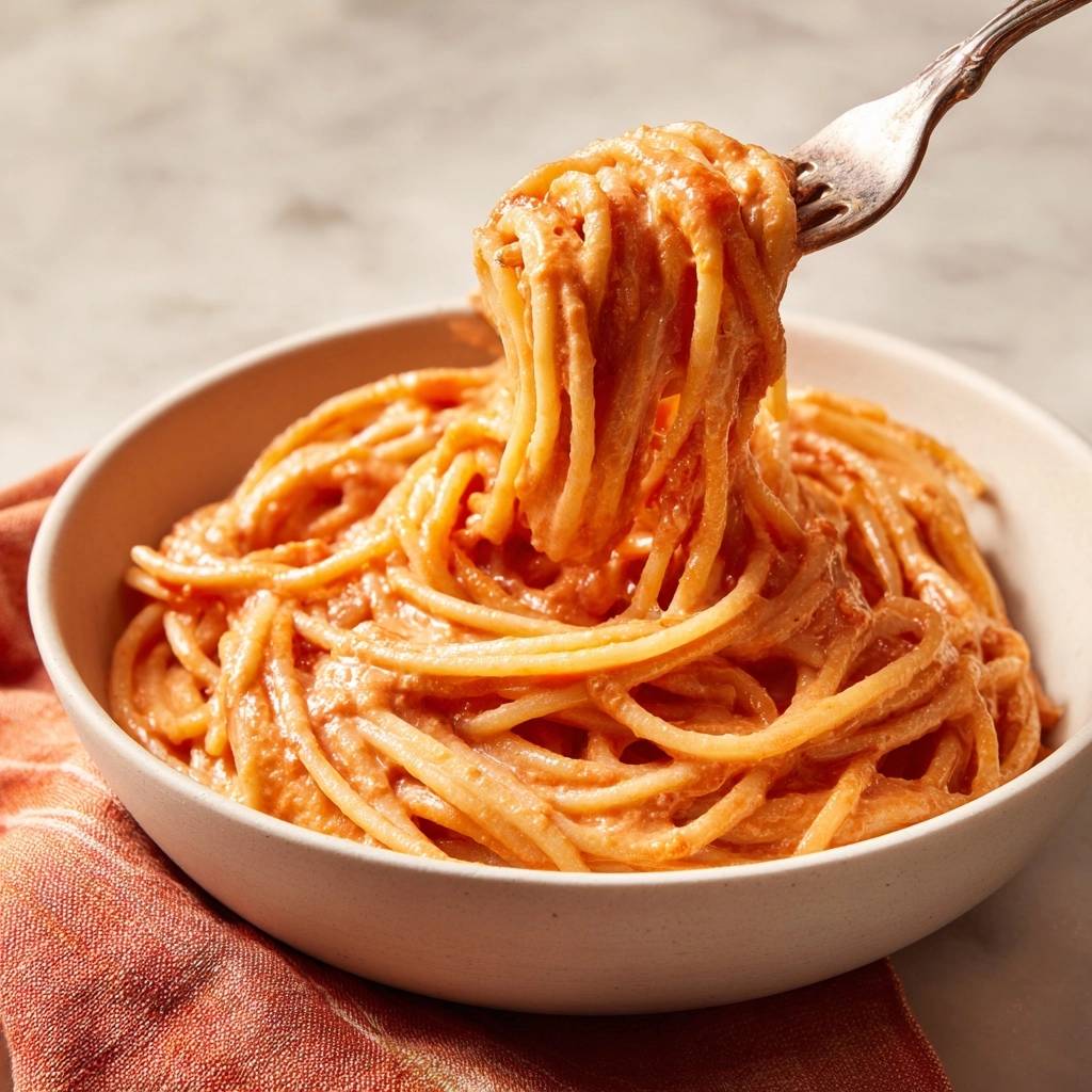 Perfekte Spaghetti mit Tomatensoße in einer Nahaufnahme, die eine Gabel zeigt, die die köstlichen Nudeln und die cremige Tomatensoße hochhebt.