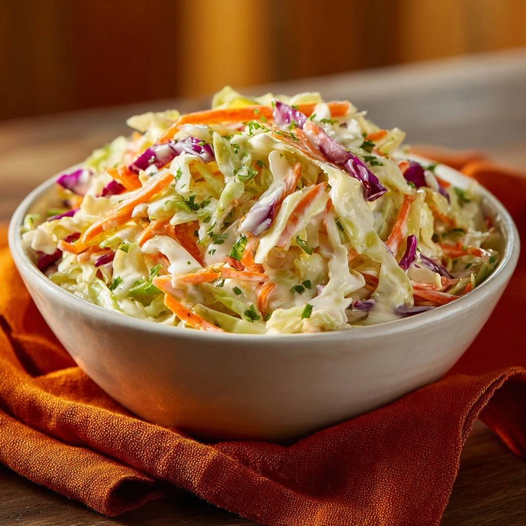Perfekter Cremiger Coleslaw Serviert 1 Perfekter cremiger Coleslaw, serviert in einer weißen Schüssel auf einem orangefarbenen Tischtuch. Der Coleslaw sieht frisch und cremig aus.