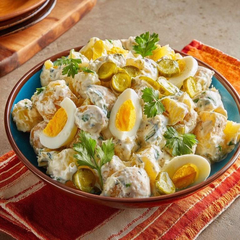 Perfekter Kartoffelsalat mit Ei und Gurke in einer blauen Schüssel, garniert mit frischer Petersilie und saftigen Gurkenscheiben, von oben betrachtet.