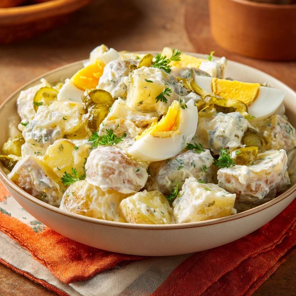Perfekter Kartoffelsalat mit Ei und Gurke in Nahaufnahme, garniert mit frischer Petersilie und Gewürzgurken, serviert in einer cremigen Soße.